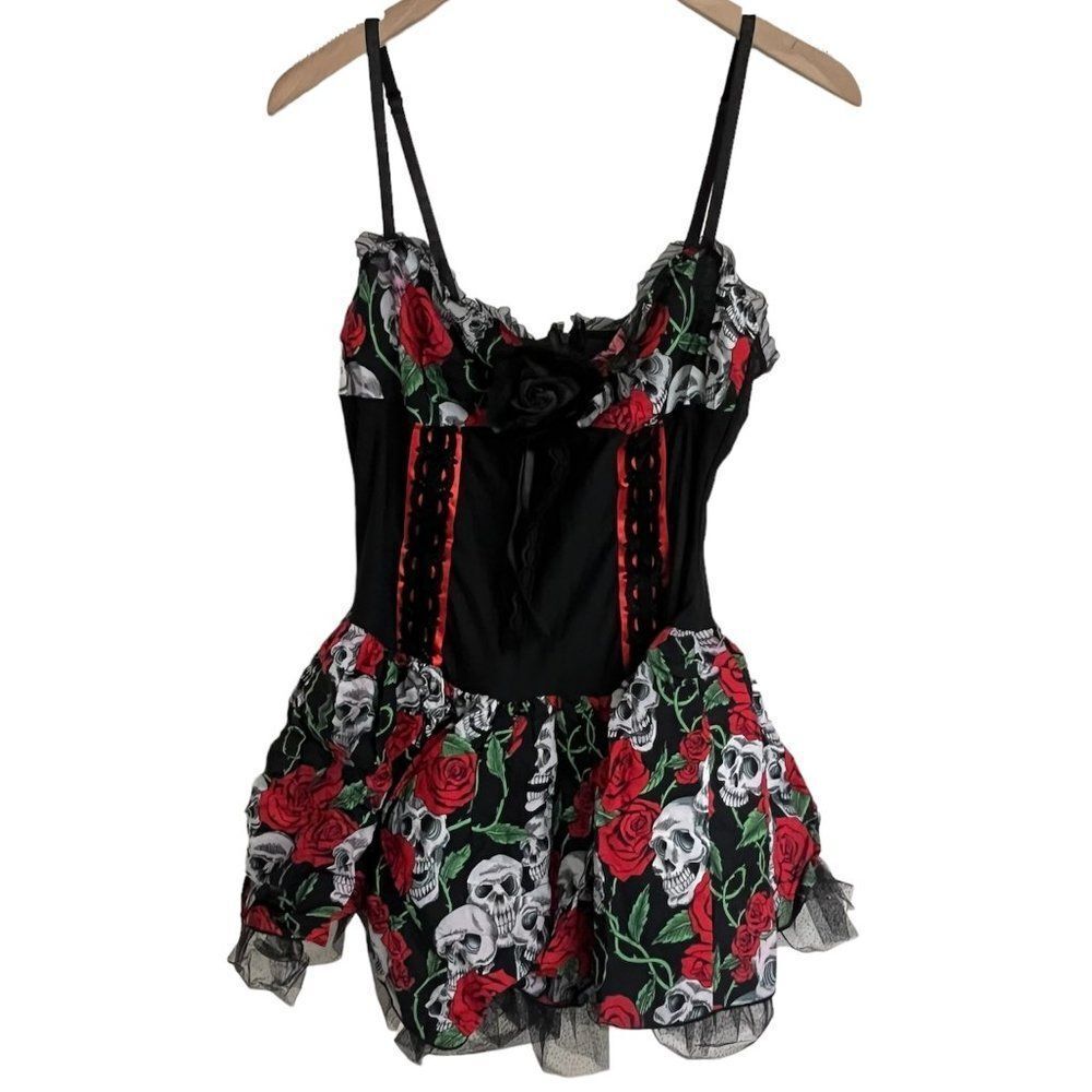 Lip Service Black Mini Dress with Red Rose & White Skull Print